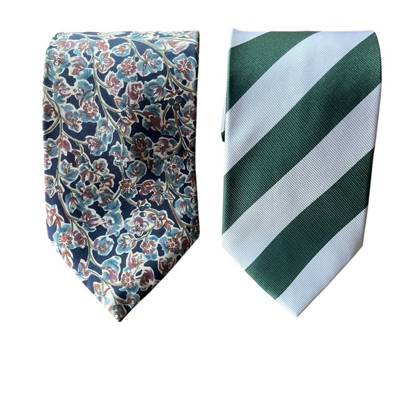 Men’s Silk Neckties Pair Blue Floral Oscar Dela Renta Green Stripe Bocara Preppy - Picture 6 of 7